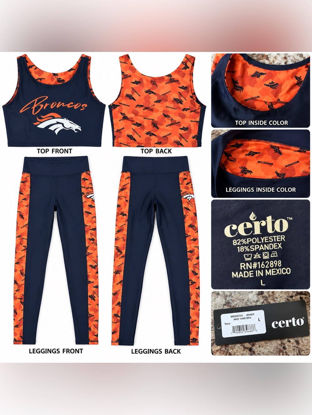 Denver Broncos 2-Pc Activewear Set Midi Tank Bra & Leggings